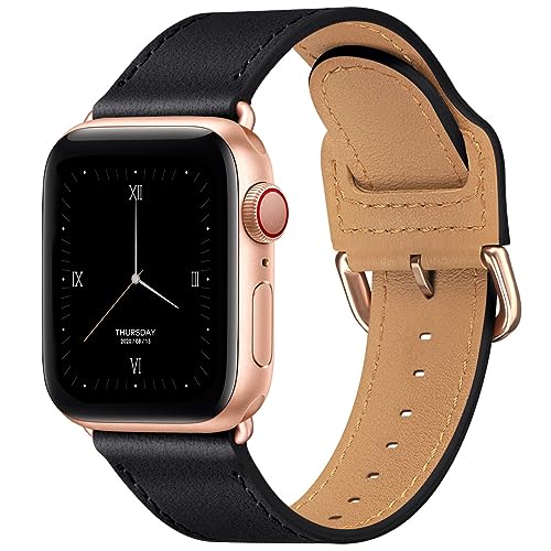 POWER PRIMACY Leather Bands Compatible with Apple Watch Band 38mm 40mm 41mm 42mm-Series 11/10,Genuine Leather Strap Compatible for Women Men iWatch SE Series 11 10 9 8 7 6 5 4 3 2 1(Black/Rosegold)