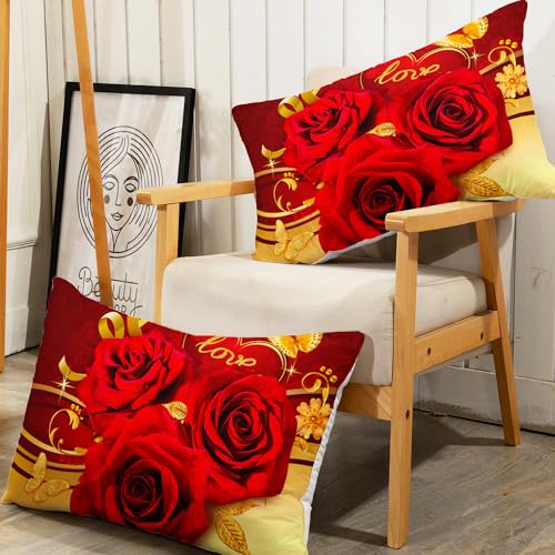 Image of AILONEN Red Rose Comforter Set Queen Size, Gold Hearts Themed Bedding, 3-Piece Romantic Luxury Flower Comforter With 2 Pillowcases, Soft Microfiber