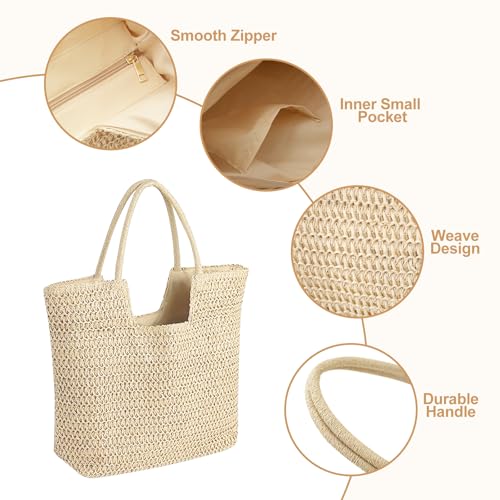 Image of Long Keeper Beach Bags for Women Summer Straw Bag with Zipper Woven Shoulder Handbag Beach Tote Bags for Travel Vacation