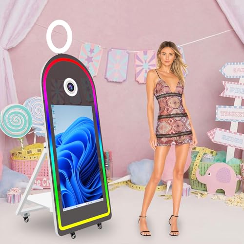 VANYA Selfie Arch Mirror Photo Booth, Mirror Photo Booth Touch Screen, Portable 43'' Touch Screen Photo Booth Machine with Camera and Printer for Wedding (White, 65''Mirror Booth+Photo Printer)