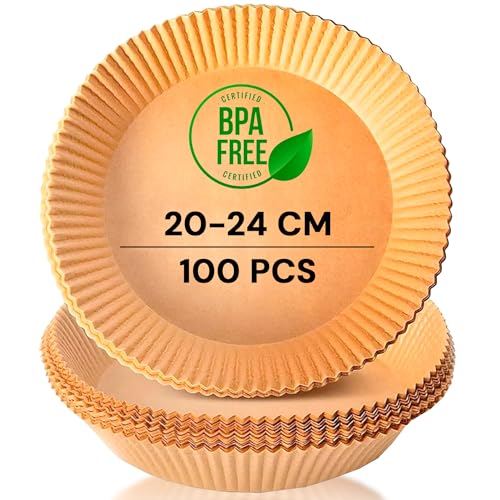 edihome, Papel Freidora Aire, Air Fryer, 100 Unidades, 20-24 cm, BPA Free, Desechable, para Horno, Accesorios para Freidora sin Aceite de 5 a 8 litros (20-24 cm, Redondo)