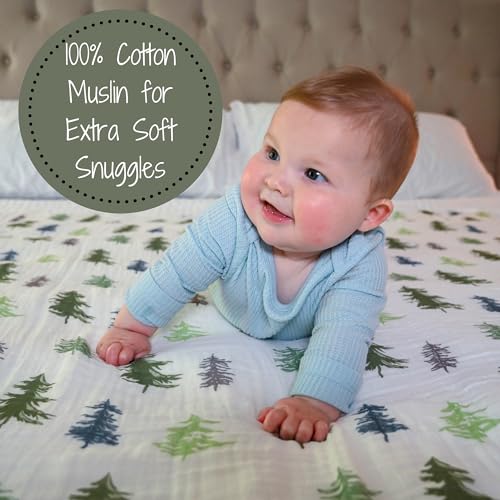 Image of LollyBanks Swaddle Blanket | 100% Muslin Cotton | Newborn and Baby Nursery Essentials for Boys, Registry | Pine Tree Print