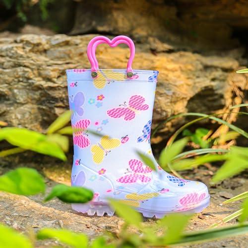 Image of Outee Toddler Girls Rain Boots Little Kids Baby child Light Up Waterproof Rubber LED Shoes Printed Mud Lightweight Adorable with Easy-On Handles Non Slip Sole Pink Blue Butterfly Size 10