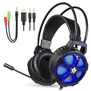 Easy SMX Cool 2000 Stereo Gaming Headset for PS4, PC, Xbox One 7.1 Surround Sound over-Ear Headsets with Noise Cancelling Mic, LED Light and Volume Control (Blue)