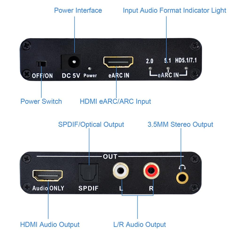 HDMI eARC ARC Audio Converter,24bit/192KHz Audio Sampling Rate,ARC Audio Return, HD 5.1 und HD 7.1 Kanäle,RCA 3.5mm Audio Converter,Unterstützt eARC & ARC Eingänge