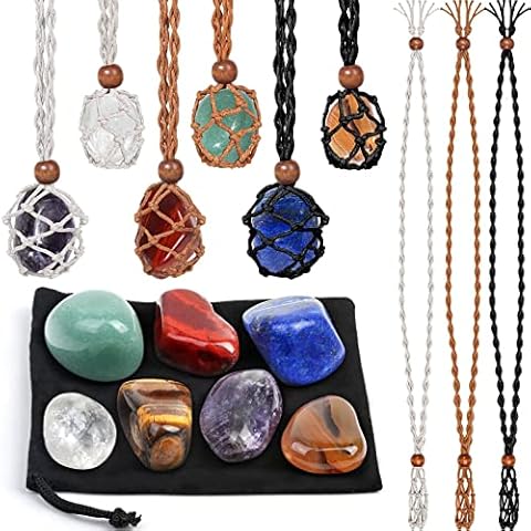 Crystals Necklace Holders and Healing Stones Set, 6Pcs Adjustable Crystal Cage with 7 Chakra Crystals and Healing Stones for Yoga, Meditation, Jewelry Gift and Home Decor Cover