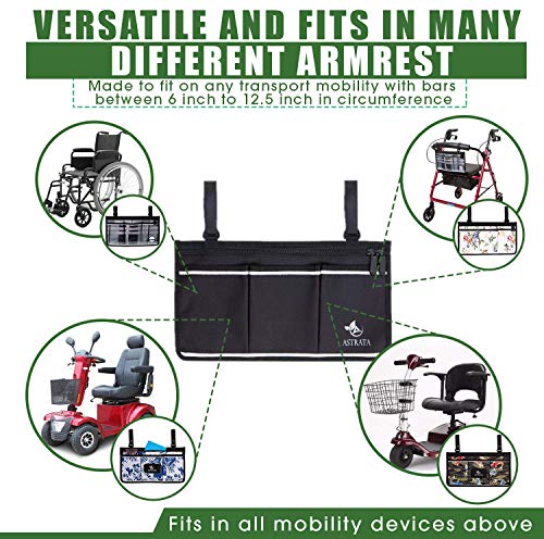 Wheelchair Side Bag - Arm Rest Pouch - Wheel Chair Accessories Organizers - Fits Walkers, Rollators, Scooters (Black)