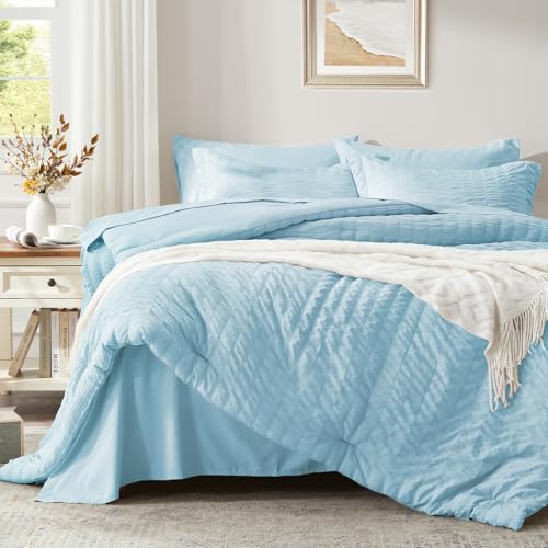 Image of Zzlpp Full Comforter Set 7 Pieces, Light Blue Seersucker Bed in a Bag with Comforter and Sheets, All Season Bedding Sets with 1 Comforter, 2 Pillow Shams, 2 Pillowcases, 1 Flat Sheet, 1 Fitted Sheet