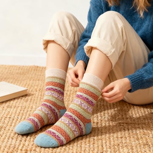Image of LOCONHA Womens Wool Socks 5 Pairs Winter Warm Sock Thick Knit Cabin Cozy Crew Soft Socks Gifts for Women