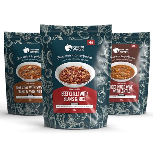 Shake That Weight - Beefie Bundle: Beef Chilli with Beans Beef in Red Wine with Lentils Beef Stew with Sweet Potato - High Protein Diet Ready Meals Ready to Eat (MRE) Suitable for Camping