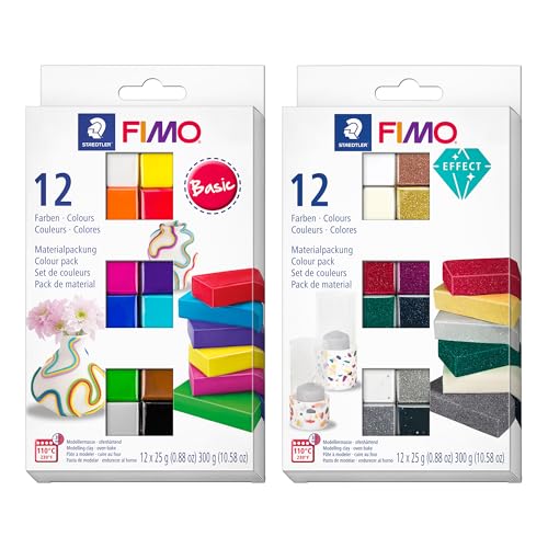 Bundle of FIMO Soft & FIMO Effect Colour Packs - Oven Hardening Polymer Modelling Clay (24 Assorted Colours)