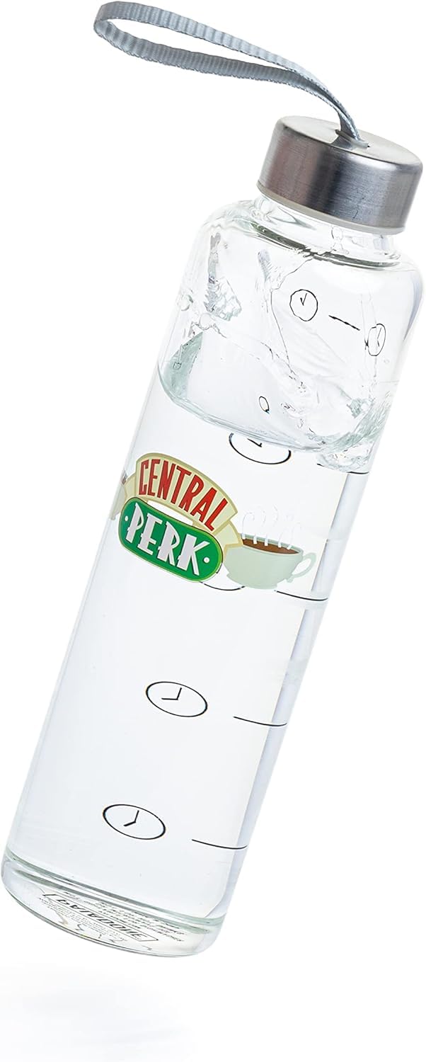 Friends TV Show Glass Water Bottle with Time Markers and Hand Strap | Reusable & Leak Proof | BPA Free, 590ml | Officially Licenced by Paladone