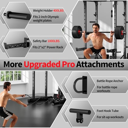 Image of JEEKEE Power Rack with LAT Pulldown, 2000LBS Power Cage with Cable System, Multi-Function Squat Rack with J-Hooks, Safety Bars, Landmine, Pull Up Bar & Attachments for Home Gym Strength Training,Black