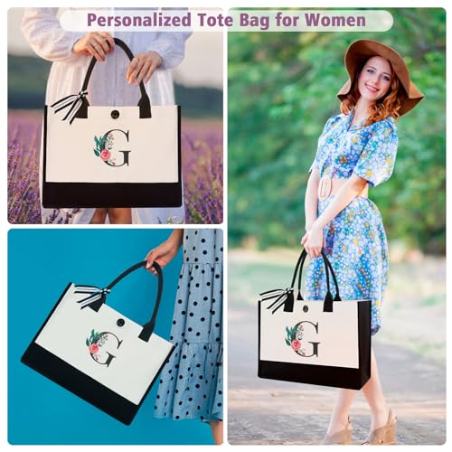 Image of Initial Canvas Tote Bag, Monogrammed Tote Bags Suitable for Mother's Day Wedding Beach
