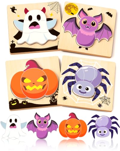 Image of 4 Pack Halloween Wooden Puzzles for Toddlers,Halloween Boo Basket Stuffers Party Favors Treats, Montessori Toys Birthday Gifts for Kids Boys Girls