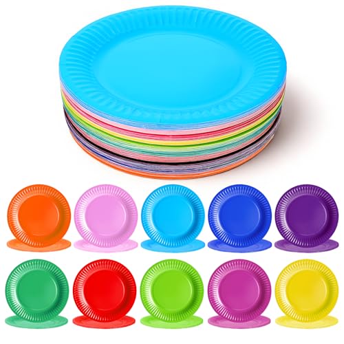 AOZUO 150 Pcs 9 Colored Paper Plates Disposable Paper Dessert Plate Heavy Duty Party Plates Bulk Decorative Paper Plates for Picnics Baby Shower DIY Party Supplies 10 Colors