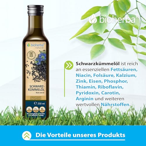 Schwarzkümmelöl 250 ml - Bioherba - Für Küche, Haut und Haarpflege - EU-Organic - Kaltgepresst & ungefiltert