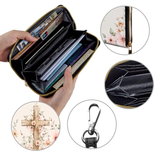 Image of Women's Wallets Credit Card Holder Money Leather Long Wallet | Long wallet with Wristlet,Large Capacity with Zip-Around Phone Purse for Women Ladies Girls,Pink Floral Cross Christian