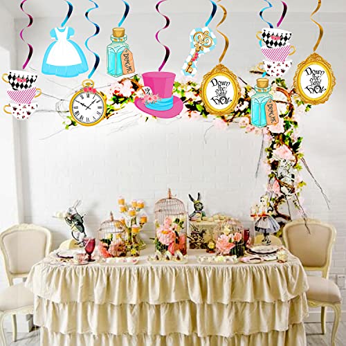 Image of 20Pcs Alice Hanging Swirl Decorations for Wonderland Theme Birthday Party, Baby Shower, Girl First Birthday, Tea Party Decorations