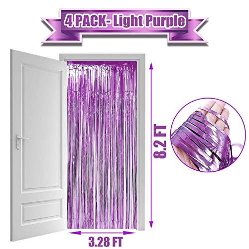 Image of 4 Pack Light Purple Foil Fringe Curtain Backdrop, 3.28Ft x 8.2Ft Metallic Tinsel Foil Fringe Streamers Curtains for Party,