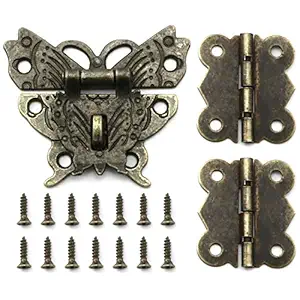 Magic&shell Butterfly Latch Hasp Antique Style Butterfly Shape Hasp Latch Lock with Mini Hinge and Screws for Furniture Cabinet Wood Case Box