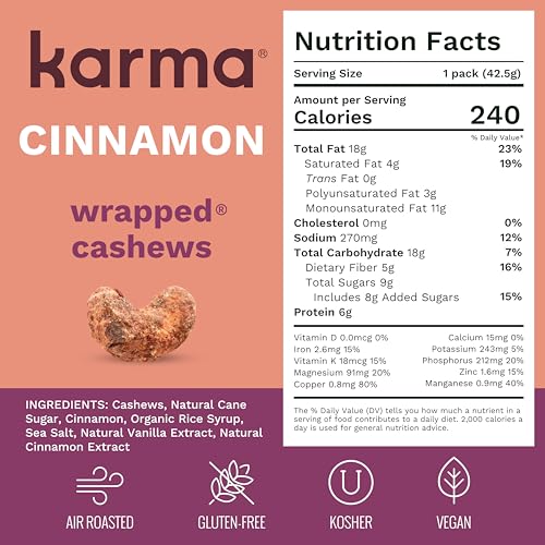 Image of Cinnamon Cashews with Skin by Karma Nuts, Whole, Sweet, Roasted, Vegan, Gluten Free, Low Net Carb, Natural, Everyday Nut Snack, 1.5 Ounce (12 Snack Packs)