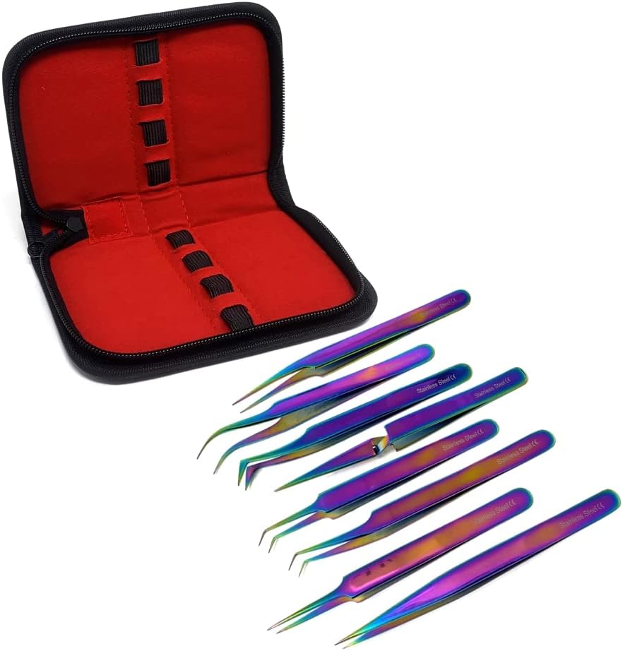 Precision Jewelry Tweezers Set 8 Pcs Stainless Steel Multicolor Curved, Straight & Angled Tweezers, for Electronics, Scrapbooking, Jewelry-Making, Craft, Soldering & More