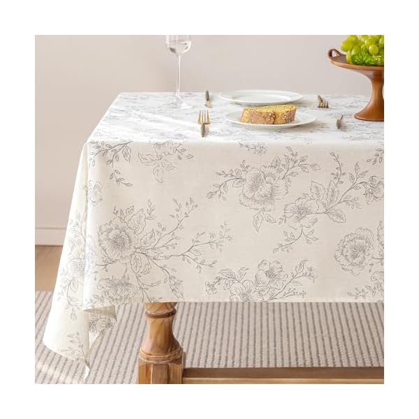   Floral-Linen-Table-Cloth-55-x-84-inch-Rustic-Vintage-Farmhouse-Tablecloth-Gray-Pattern-Printed-on-Cream-Linen-Tablecloth-Rectangle-Burlap-Textured-Fabric-Table-Cover-Home-Decor-Holiday