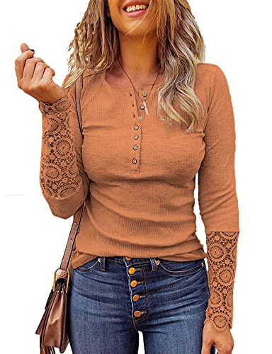 Image of Kancystore Women's Fall Long Sleeve Tops Lace V Neck Button Down Henley Shirts Tunic Blouses