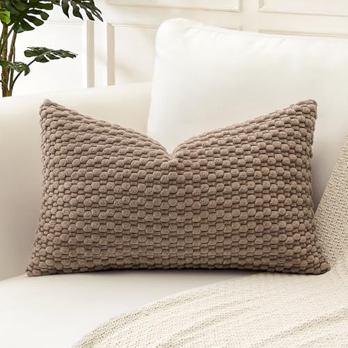 Artscope Pom Poms Decorative Corduroy Cushion Cover 30x50cm Super Soft Boho Striped Lumbar Pillow Covers Case Geometric for Sofa Couch Bedroom Car Decor Set of 1 Brown