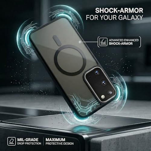 Image of Amazon Basics Magnetic Case for Samsung Galaxy S20FE 5G - Compatible with MagSafe, Slim Translucent Matte Frosted Back, Metal Buttons & Enhanced Camera Protection - Black