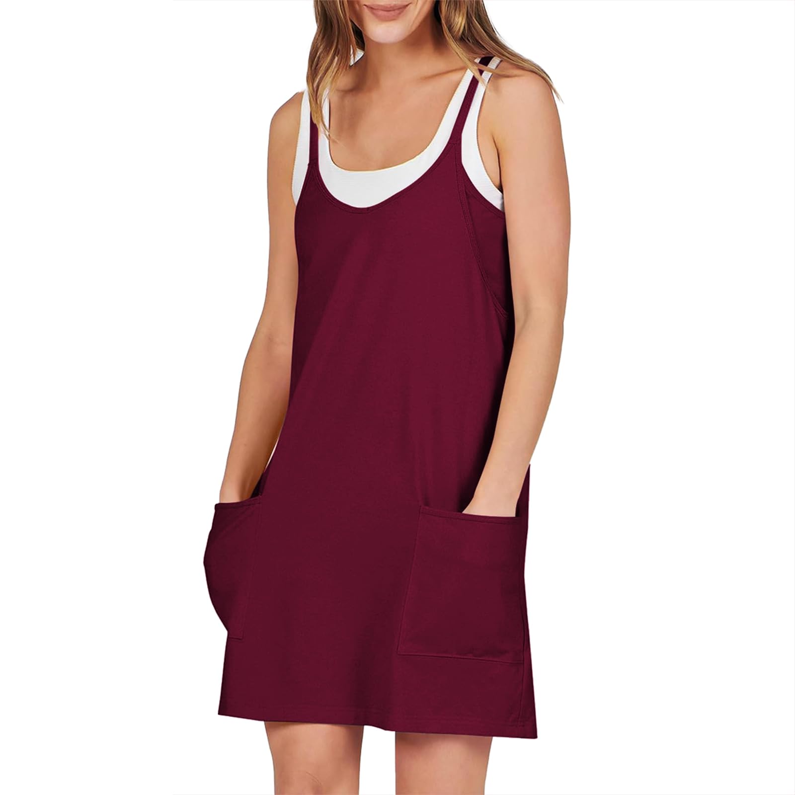 Robe d'été pour femme - T-shirt - Robe de plage - Robe de tennis - Robe d'entraînement - Robe courte décontractée sans manches - Avec combinaison intégrée avec bretelles spaghetti et grandes