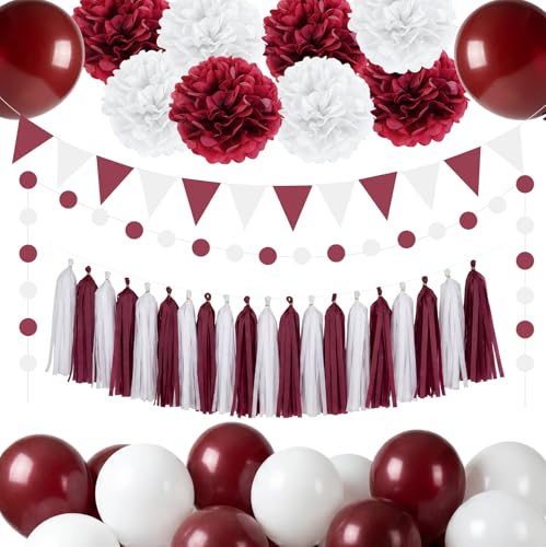 Burgundy Party Decorations Maroon Birthday Decorations for Women Girls Burgundy Balloon Paper Pom Poms Tassels Banner & Circle Garland for Baby Shower Bridal Shower Anniversary Party