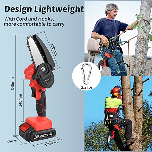 Mini Akku-Kettensäge 24V, 5 M/S Schnurloses Elektrische Motorsäge Kit mit Sicherheitsknopf, 2 ketten 2 Akku & 1 Ladegerät Säge, Für Gartenarbeit Baumbeschneidung Holzschneiden, (Rot) – Bild 5