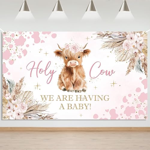 Mocsicka Holy Cow Baby Shower Backdrop Pink Highland Holy Cow We are Having A Baby Highland Cow Decorations Background Farm Animal Baby Shower Party Decorations Banner
