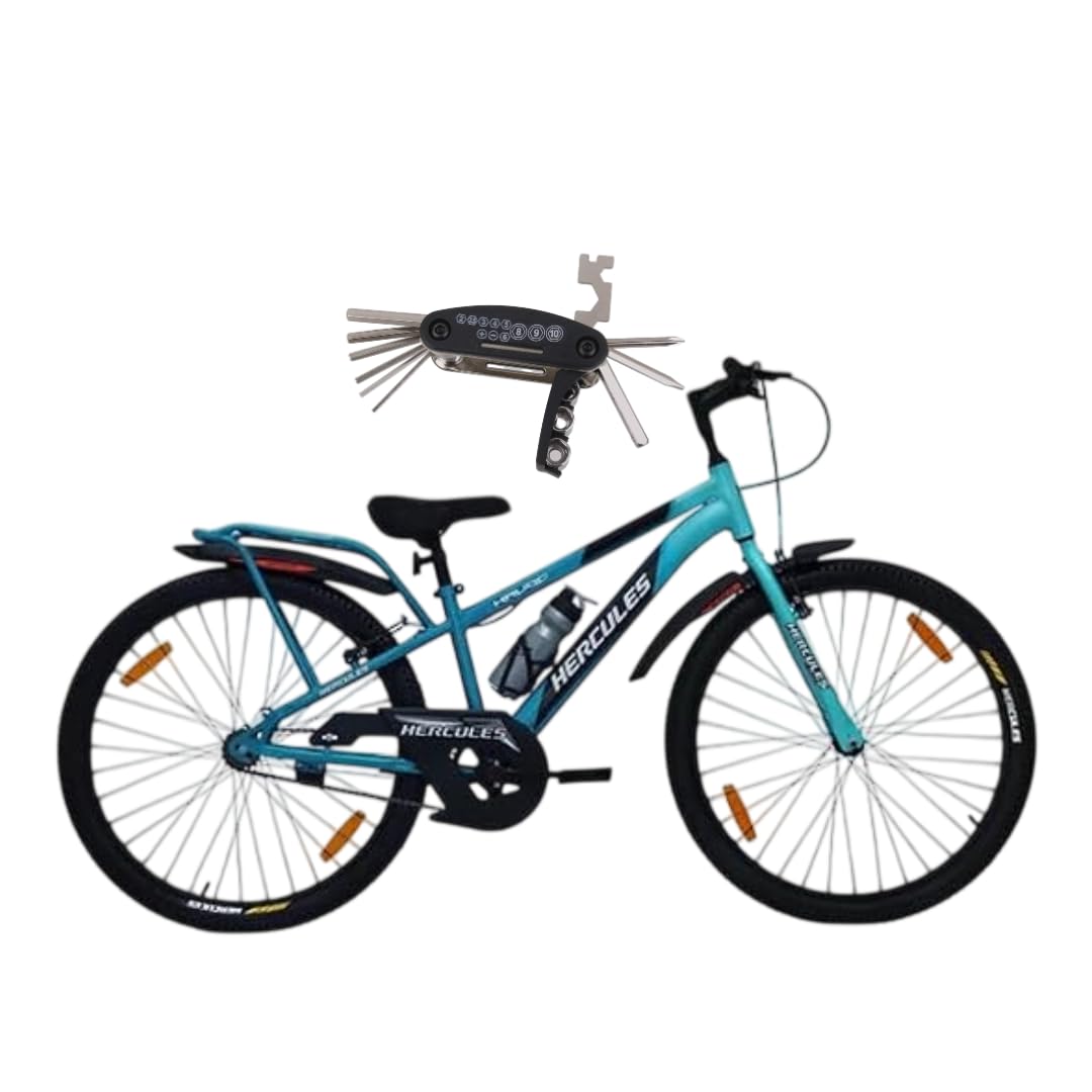 Hercules Havoc 24T Sports Bicycle for Boys & Girls | 24 Inch Single Speed MTB Cycle | Steel Frame | Power V-Brakes | 2.40 Wide Tyres | Rear Carrier | Age 9–13 Years | Teal/Verzasca Blue-image-35