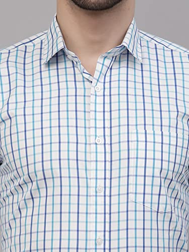 Image of Style Quotient Men White and Turquoise Checks Yarn Dyed Polycotton Regular Formal Shirt