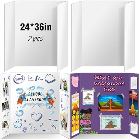 2 Pack Trifold Poster Board, IKAYAS 24" X 36" Double Sided White Tri-fold Poster Boards, Science Fair Display Boards Posterboard Foamboard for Mounting, Art, Display, Projects Classroom Supplies Cover