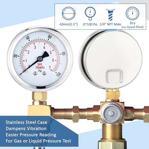 Image of Flutesan 6 Pcs 0-100psi Low Pressure Gauge 2.5 inch Face Dial Size 1 /4 NPT Lower Mount Waterproof Pressure Gauge with Stainless Steel Case for Pool Water Pump Tire Water Oil Air