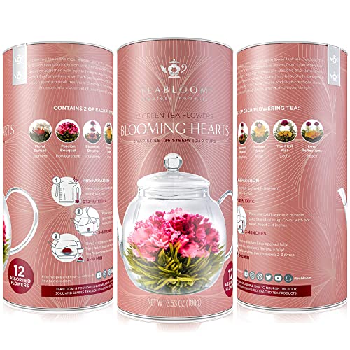 Teabloom Heart-Shaped Flowering Teas – 12 Assorted Blooming Tea Flowers – Green Tea + Jasmine, Pomegranate, Strawberry, Rose, Litchi & Peach – Gift For Tea Lovers, Anniversary, Valentine, Birthday #TOP6