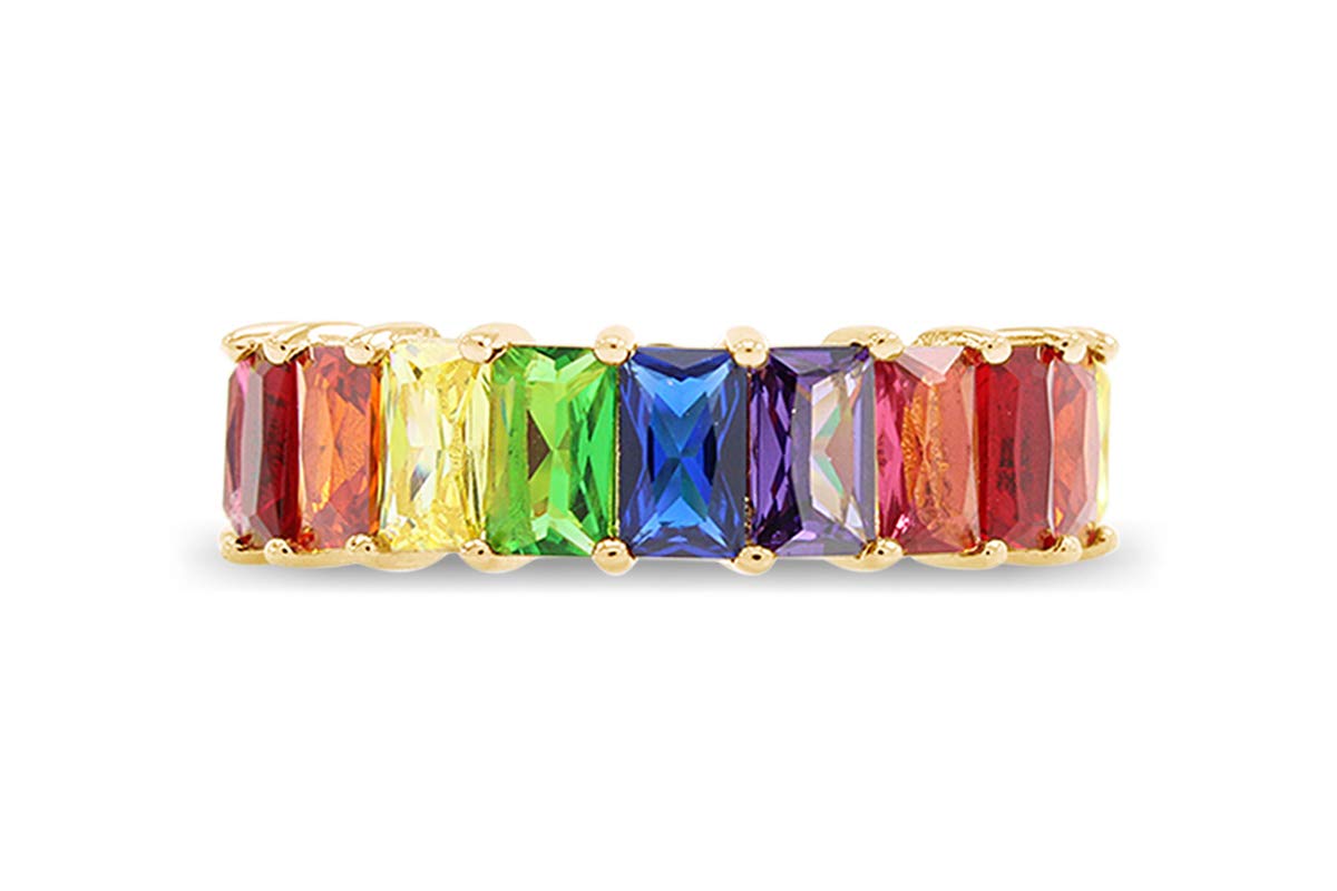 AFFY18K Yellow Gold Plated Emerald-Cut Multi Color AAA Created-Gemstone Eternity Ring Rainbow
