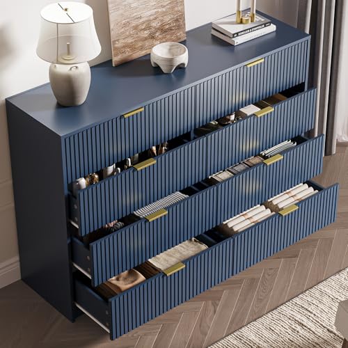 Image of MAISONARIA Navy Dresser for Bedroom, 8 Drawer Double Dresser, Modern Chest of Drawers for Bedroom, Living Room, Entryway and Closet, 55 inch L x 15.7 inch D x 37.4 inch H