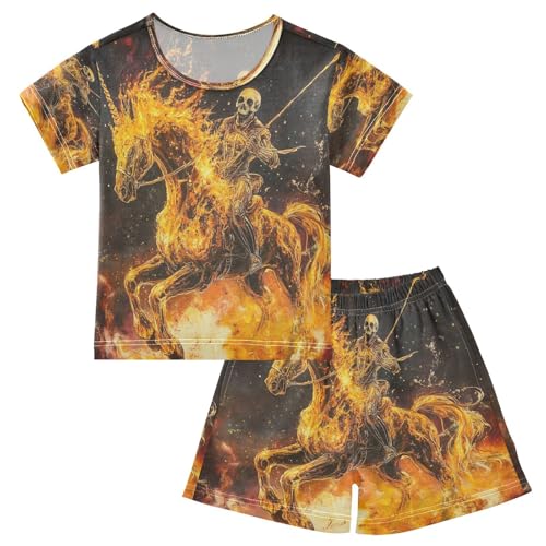 ALAZA Fantasy Unicorn Sugar Skull Fire Pajamas Set Short Sleeve Cotton Sleepwear Summer Pjs 2 Piece 5-14Y