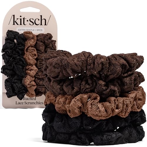 Image of Kitsch Ruched Lace Scrunchies For Women - No Crease, Gentle Hold, Frizz-Free Hair Scrunchies | Soft Lace Hair Accessories for All Hair Types - Black, Chocolate & Mocha, 5pc Set