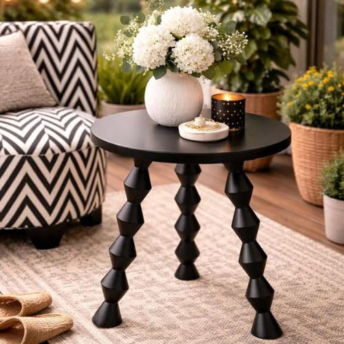 Image of Decor Corner Table Coffee Table Side Table, Round Solid Wood End Table Coffee Table Flower Stand Sofa Side for Living Room Balcony -Black