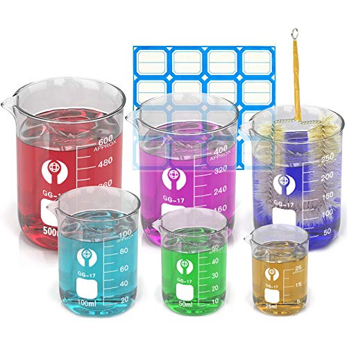 Wandefol Lot de 6 Béchers Gradués, 25ml 50ml 100ml 250ml 400ml 600ml Bécher en Verre Expérimental, Accessoire pour Laboratoire, Chimie, Médecine Cover