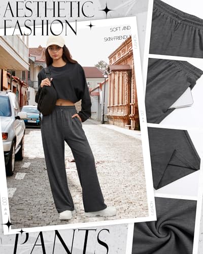 Neer 3 Pack Womens Wide Leg Sweatpants Elastic High Waisted Baggy Long Pant Casual Lounge Yoga Drawstring Jogger with Pockets4