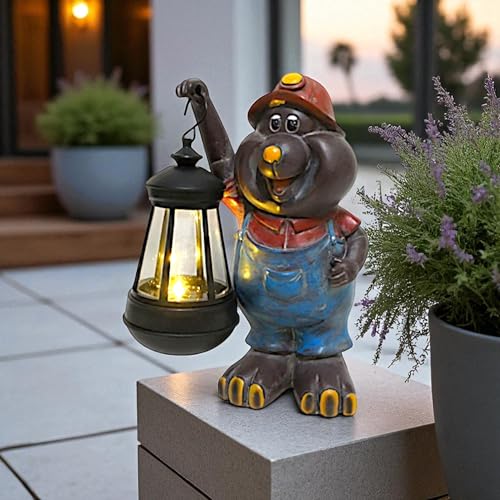 Arnusa Solar Maulwurf Figur mit LED Laterne – 21 cm Gartenfigur...