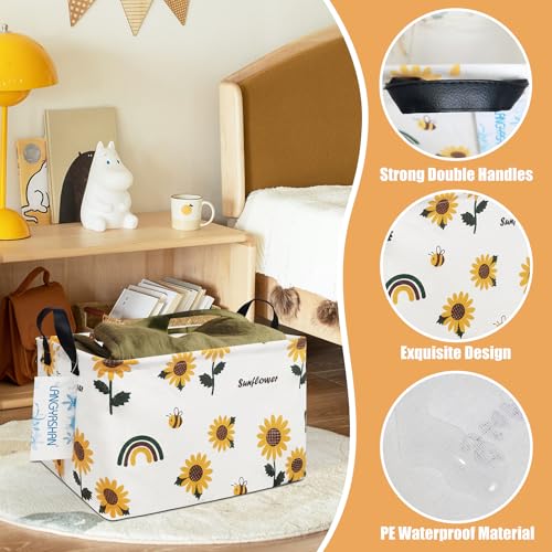 Image of Rectangular Storage Bin Collapse Canvas Fabric Cartoon Storage Basket with Handles for Organizing Home Kitchen Boys and Girls Toys Office Closet Shelf Baskets(Rec Sunflower)