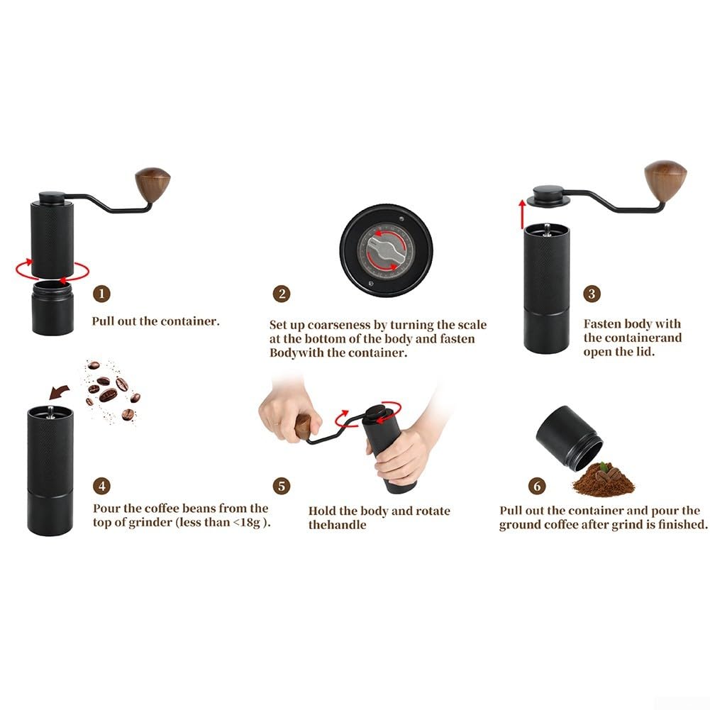 DAZZLEEX Molinillo de café manual con rebabas cónicas de acero inoxidable, molinillo de café de mano portátil con mango de madera, tamaño de molienda ajustable para el hogar, camping, senderismo